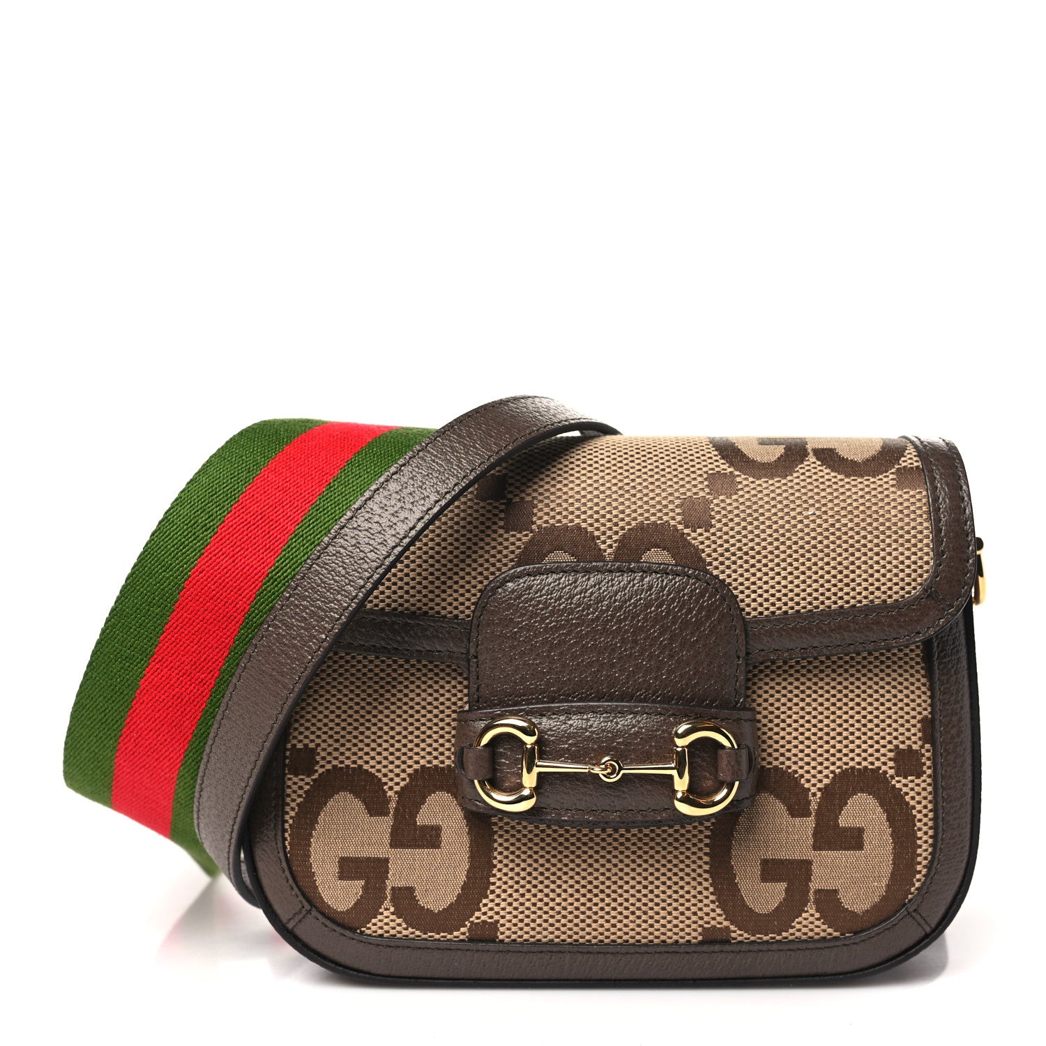 Gucci Monogram Jumbo GG Textured Dollar Calfskin Web Mini Horsebit 1955 Shoulder Bag Camel Ebony New Acero 1 of 11
