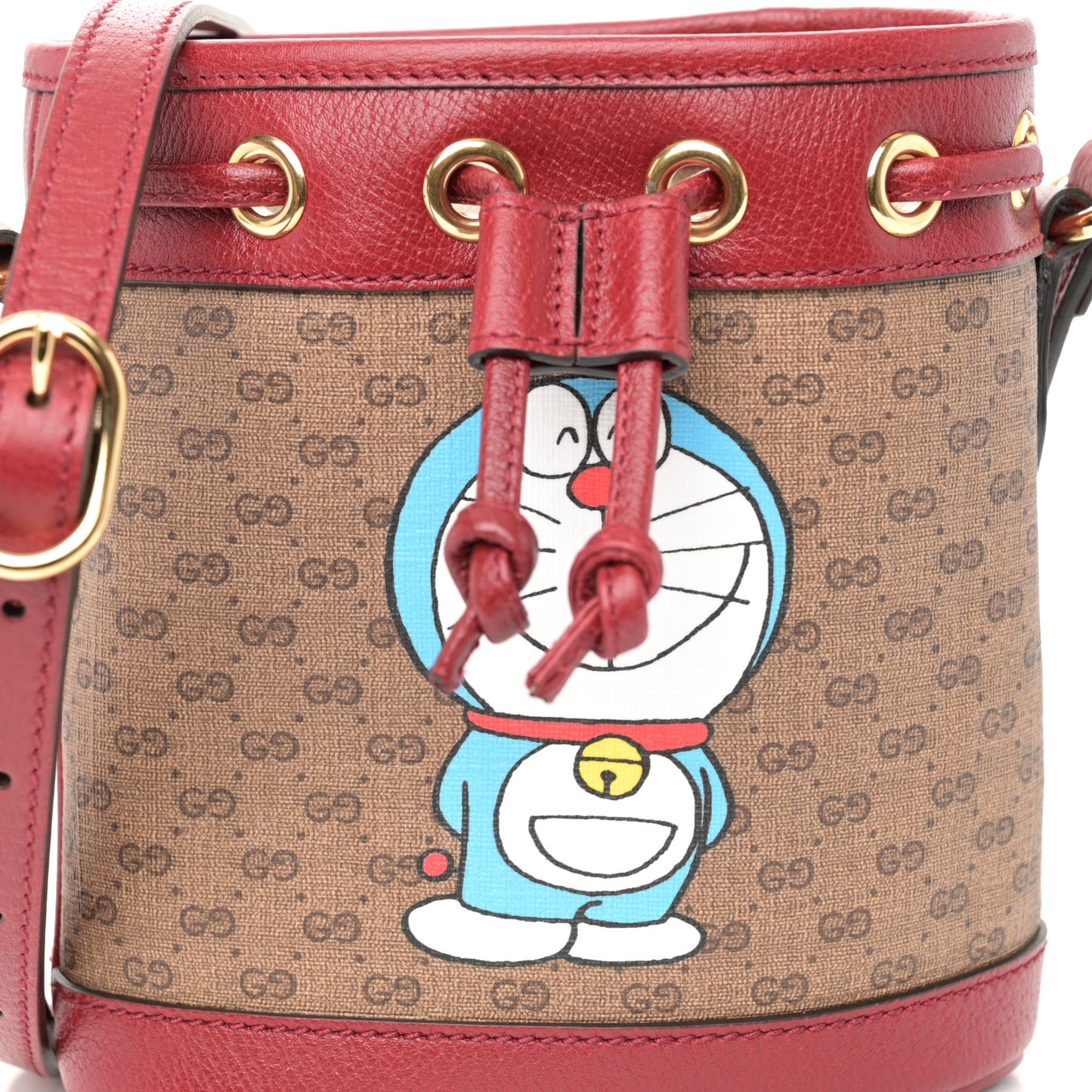 X DORAEMON Mini Vintage GG Supreme Monogram Textured Dollar Calfskin Mini Bucket Bag Beige Ebony Multicolor New Cherry Red