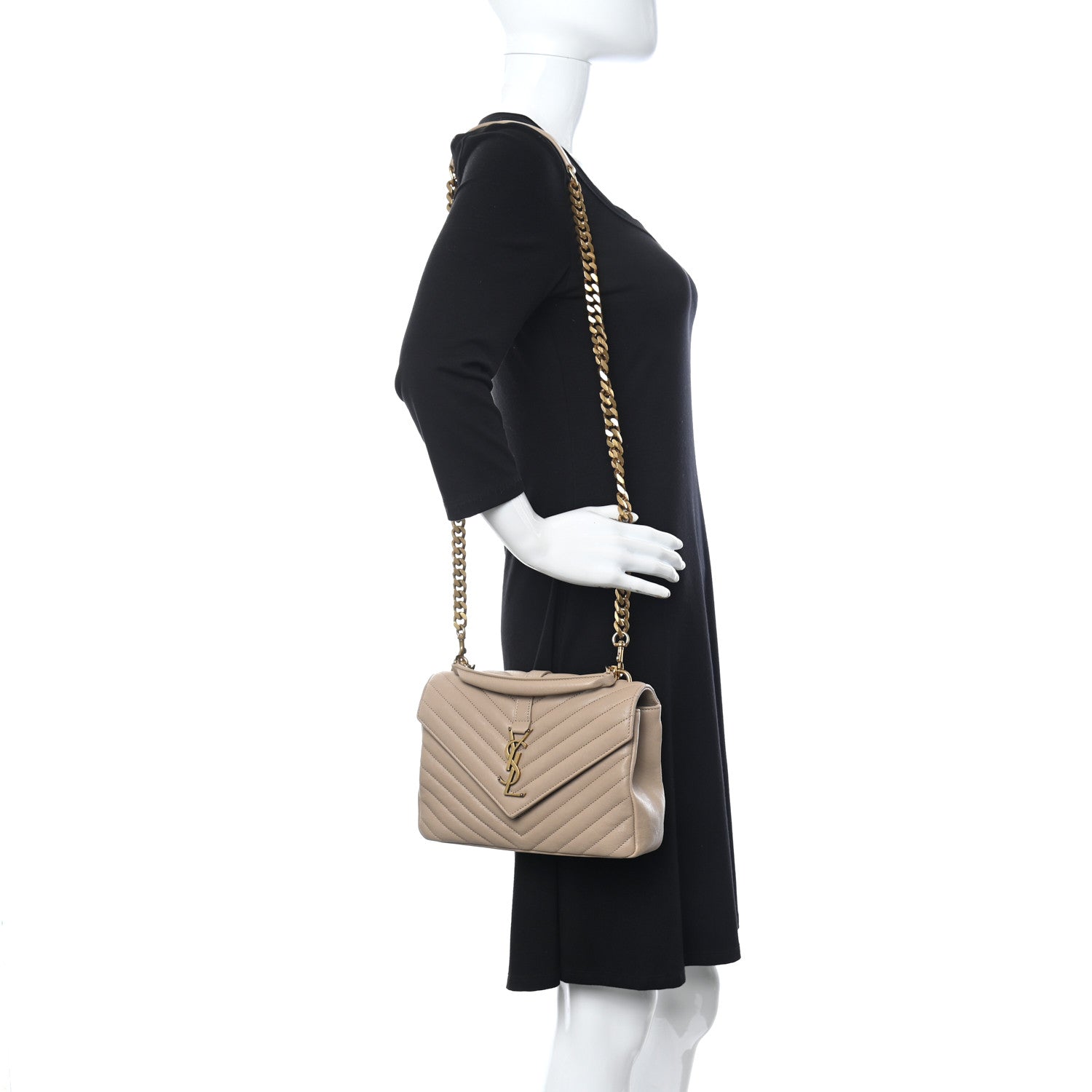 Saint Laurent Sheepskin Matelasse Chevron Monogram Medium College Bag Dark Beige 2 of 11