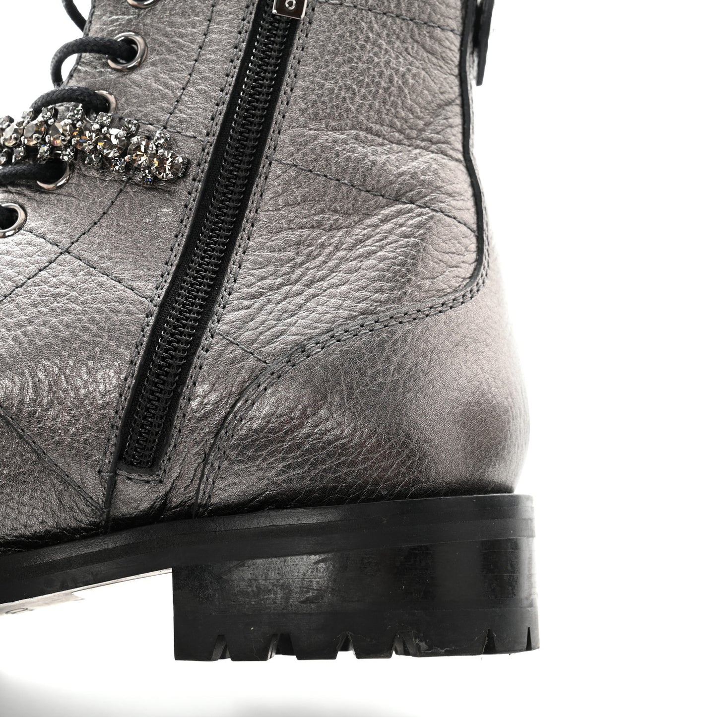 Metallic Grained Goatskin Pearl Crystal Embellished Cruz Combat Boots 37 Grey