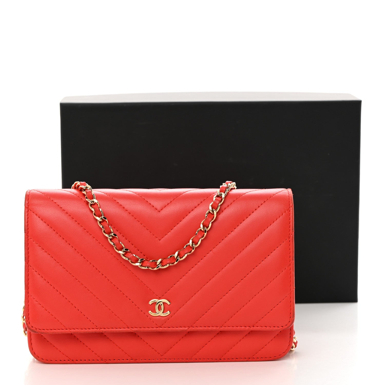 Chanel Lambskin Chevron Quilted Wallet On Chain WOC Red 13 of 13