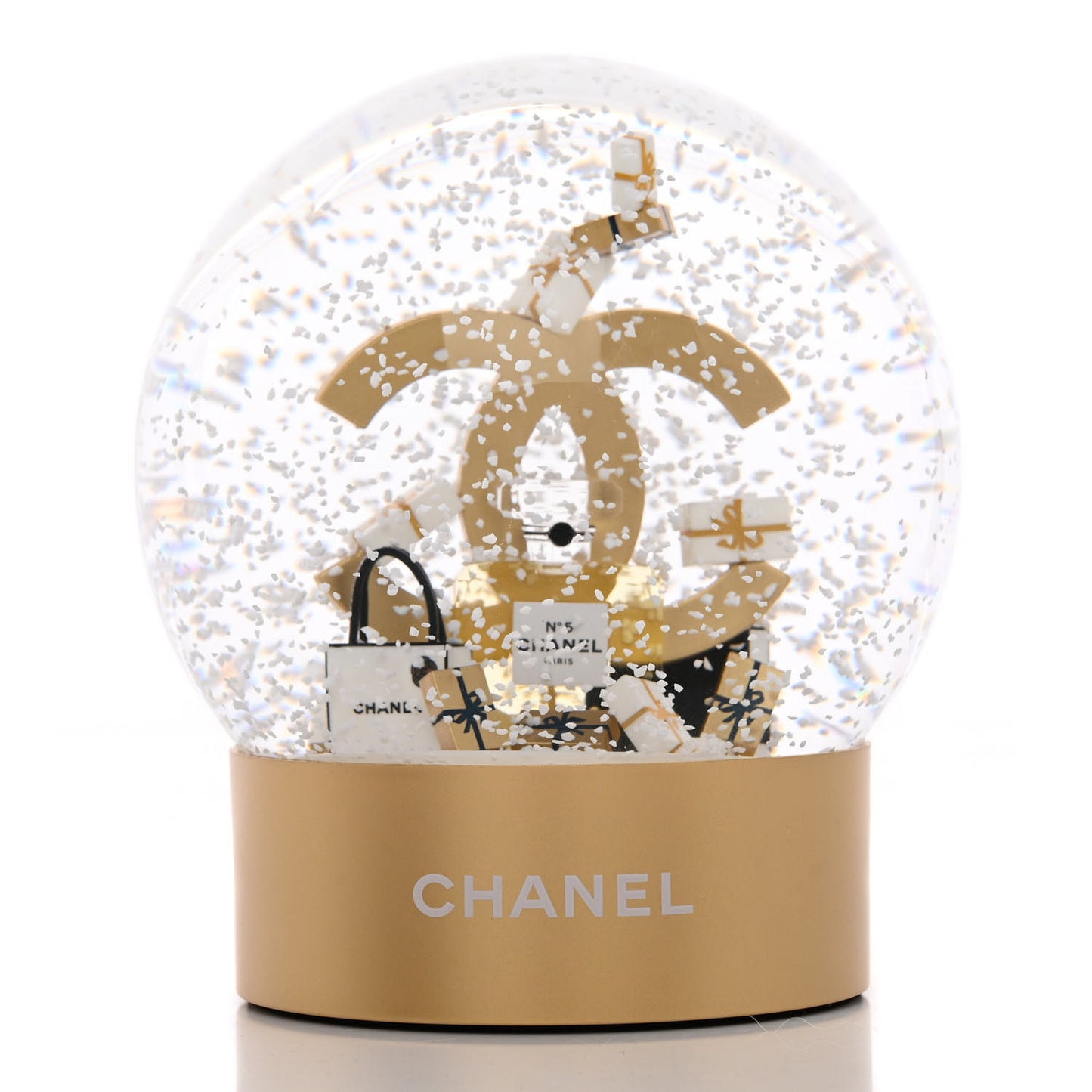 Glass CC Shopping Bag Snow Globe Gold