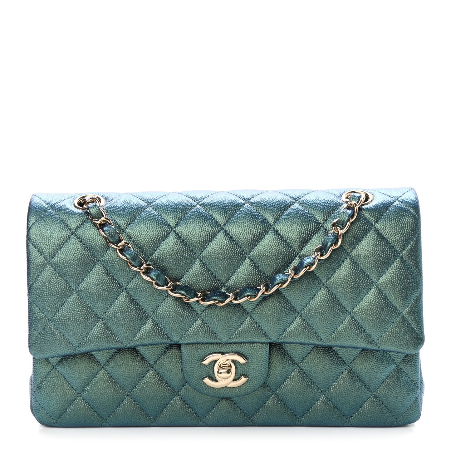 Iridescent Caviar Quilted Medium Double Flap Green