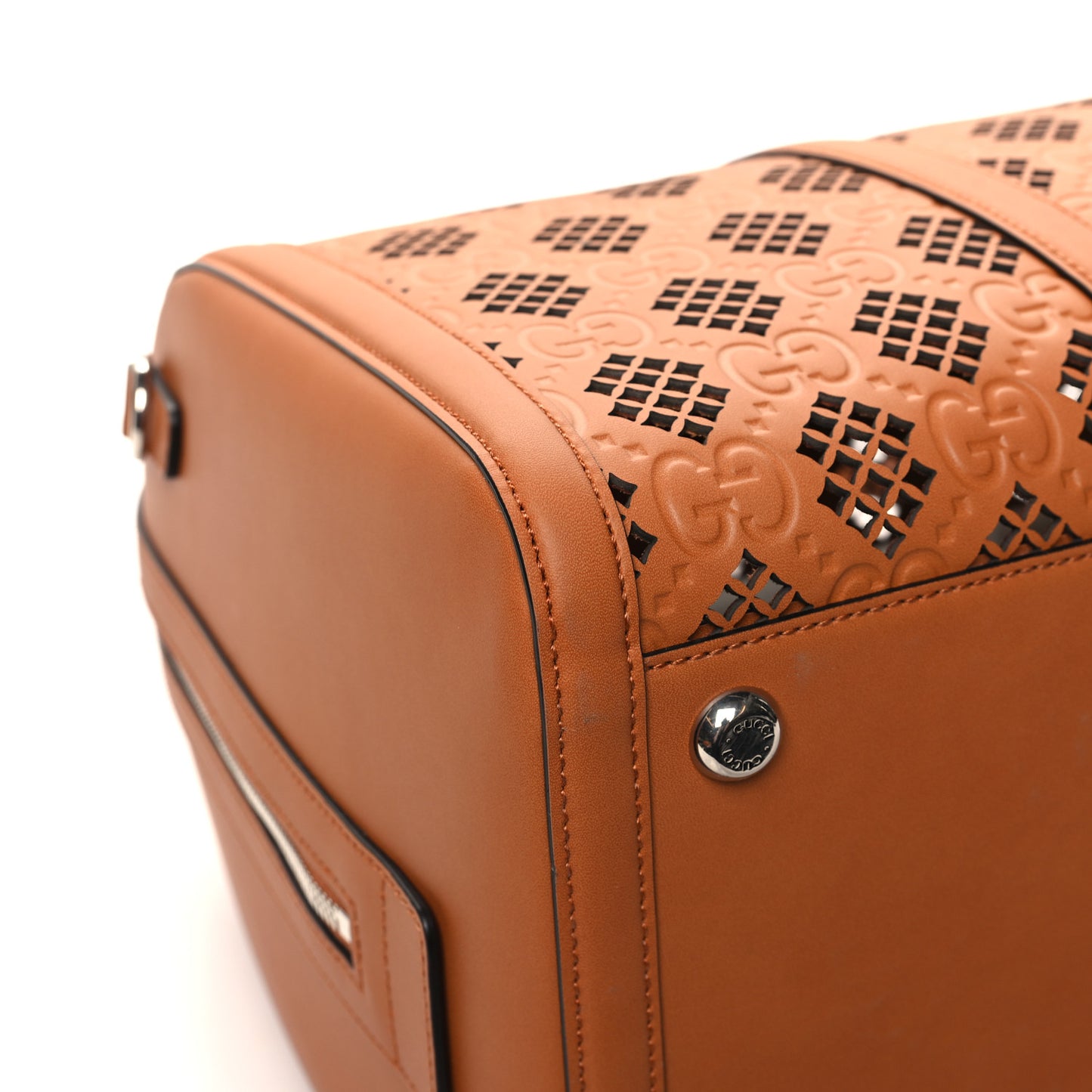Calfskin Cut Out GG Embossed Medium Duffle Bag Harness Brown
