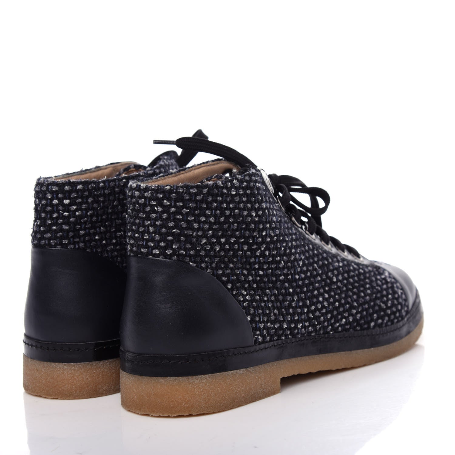 Chanel Tweed Calfskin Patent CC Lace Up Short Boots 38.5 Black Grey Dark Navy 4 of 11