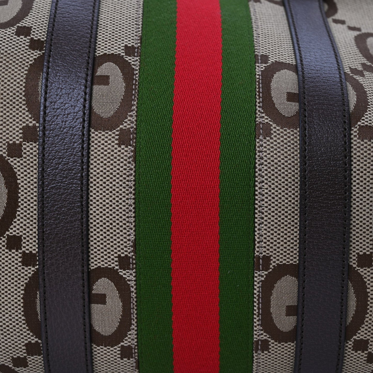 Monogram Jumbo GG Textured Dollar Calfskin Web Medium Duffle Bag Camel Ebony