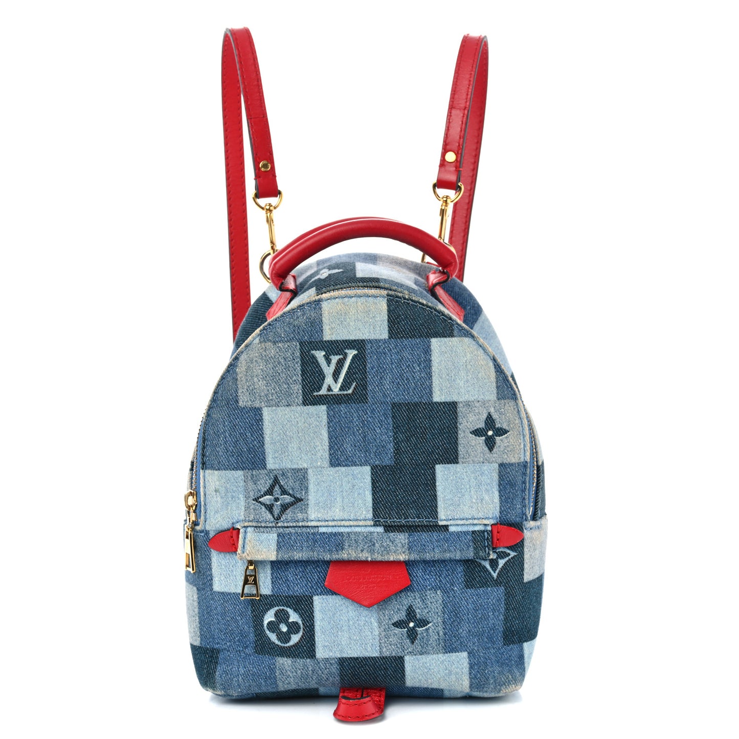 Denim Damier Monogram Patchwork Palm Springs Backpack Mini Blue Rouge