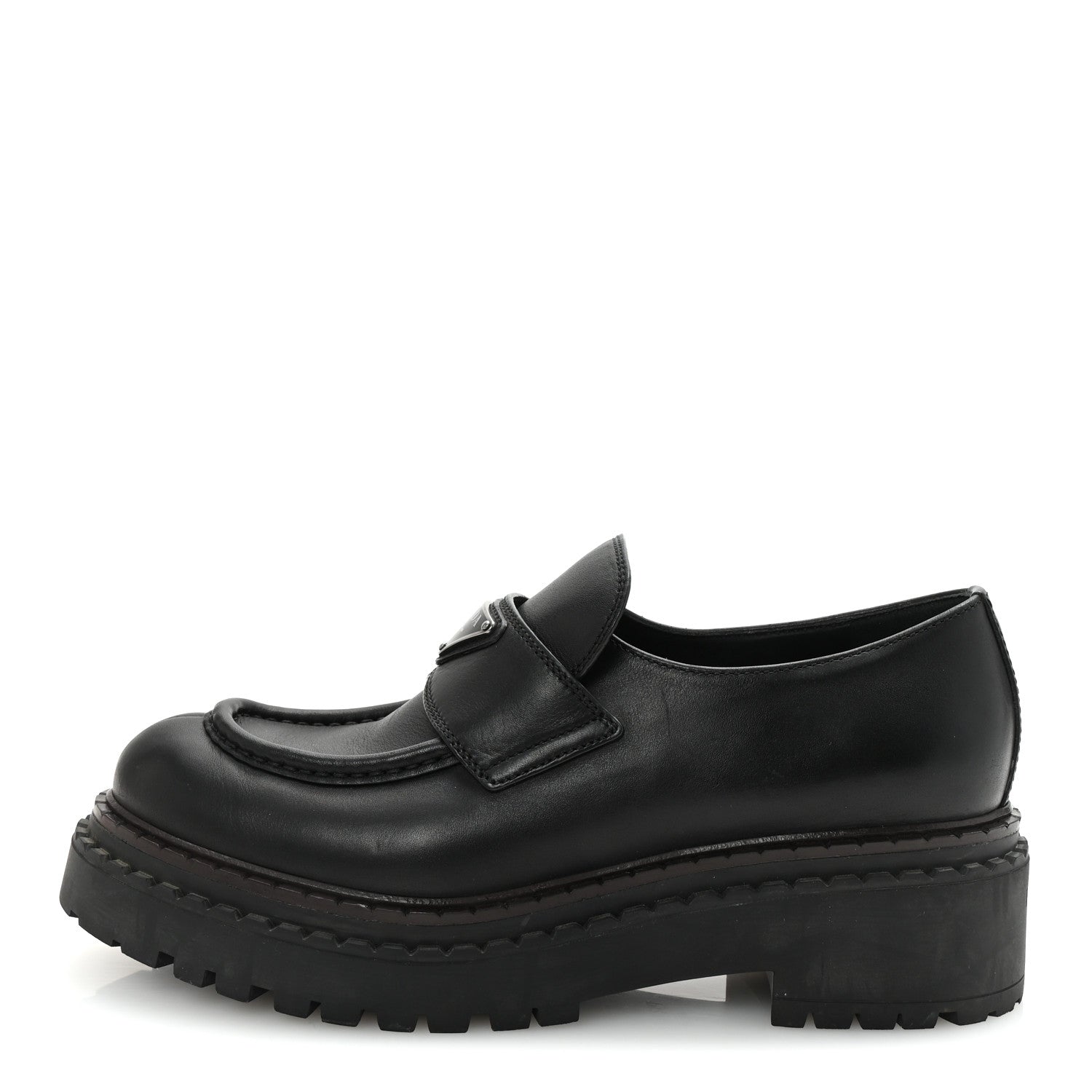Prada Spazzolato Metal Triangle Logo Double Chocolate Loafers 39