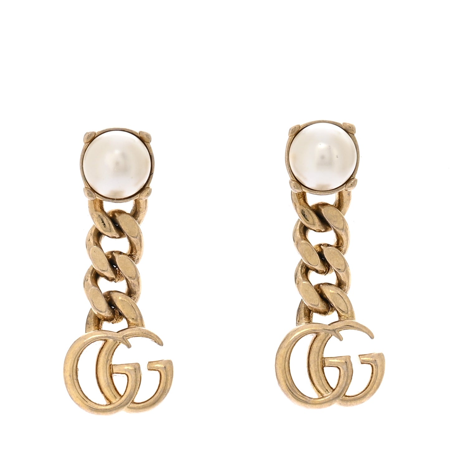 Metal Pearl Double G Chain Drop Earrings Gold
