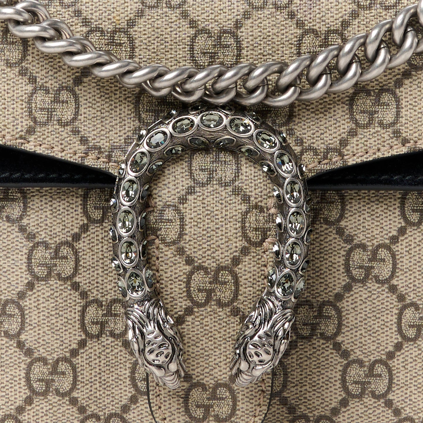 GG Supreme Monogram Suede Crystal Small Dionysus Shoulder Bag Beige Ebony Black