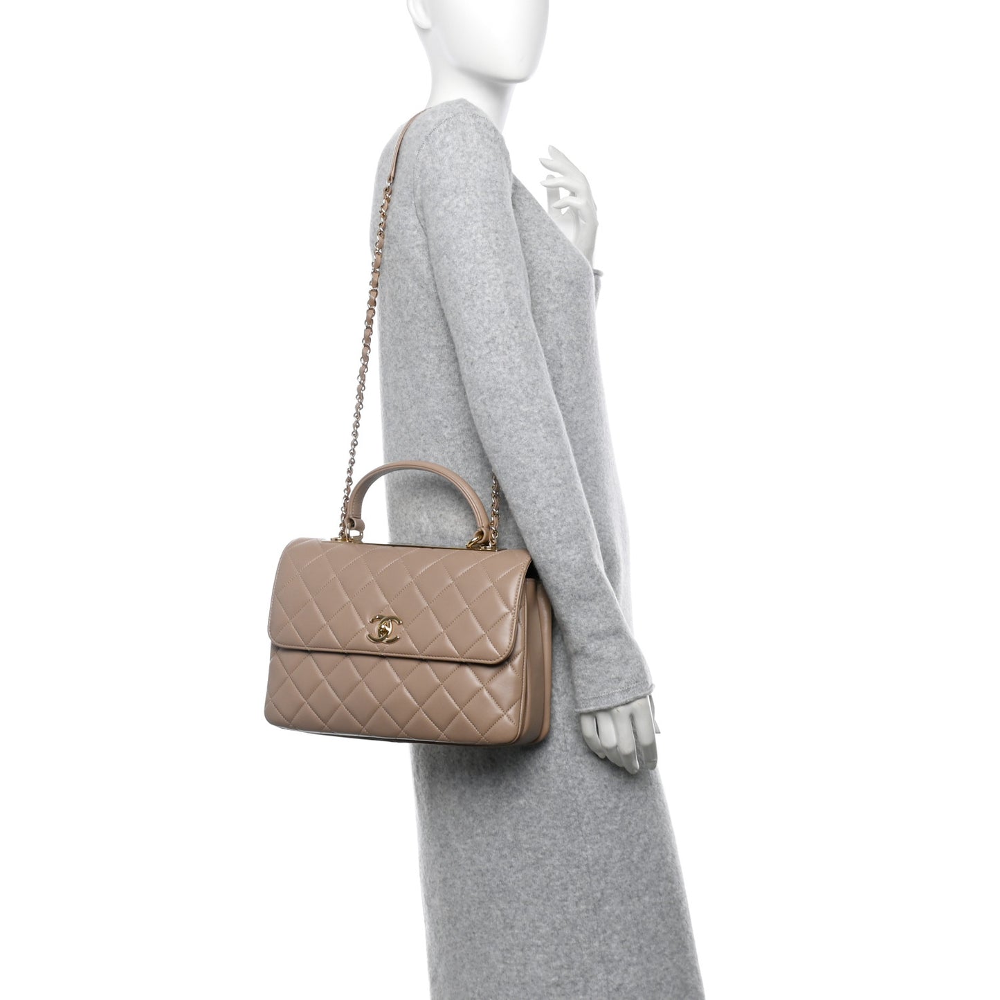 Lambskin Quilted Medium Trendy CC Flap Dual Handle Bag Beige