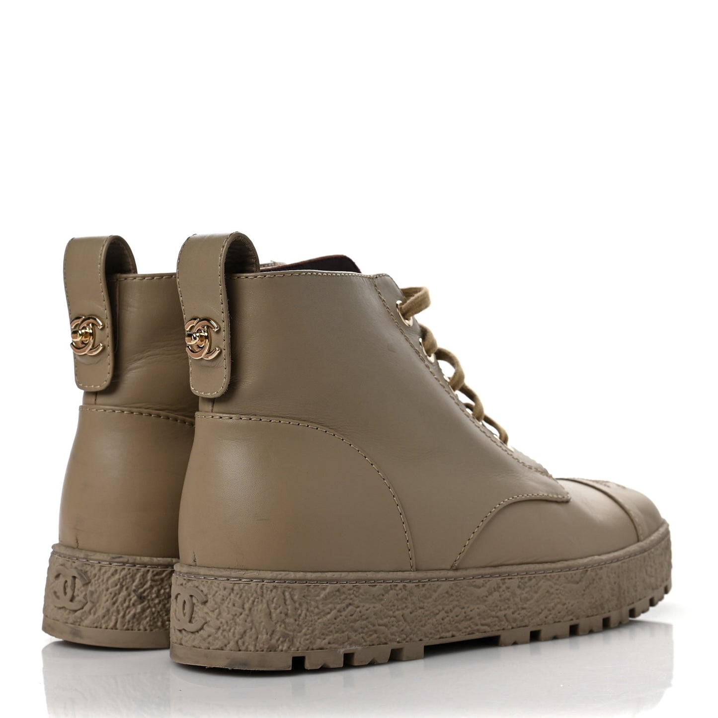 Calfskin CC Turnlock Lace Up Boots 39.5 Beige