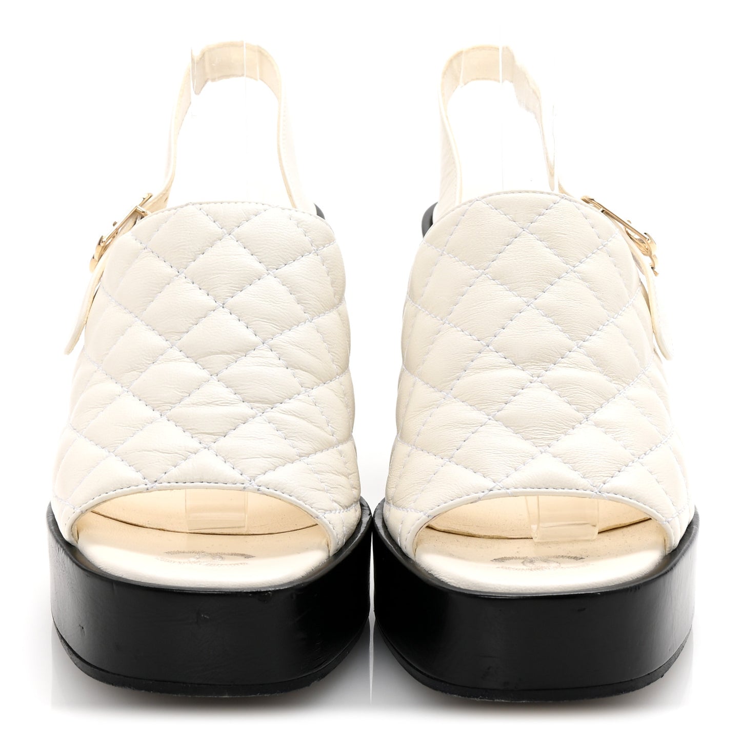 Lambskin Quilted Peep Toe Wedge Sandals 38 White