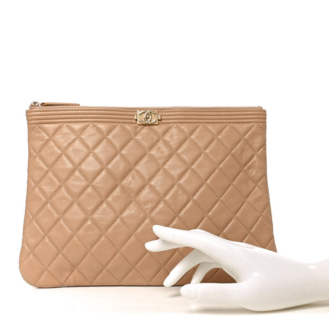 Lambskin Quilted Medium Boy Cosmetic Case Beige