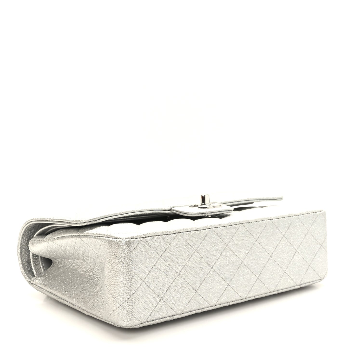 Glittered Metallic Caviar Quilted Medium Double Flap Silver