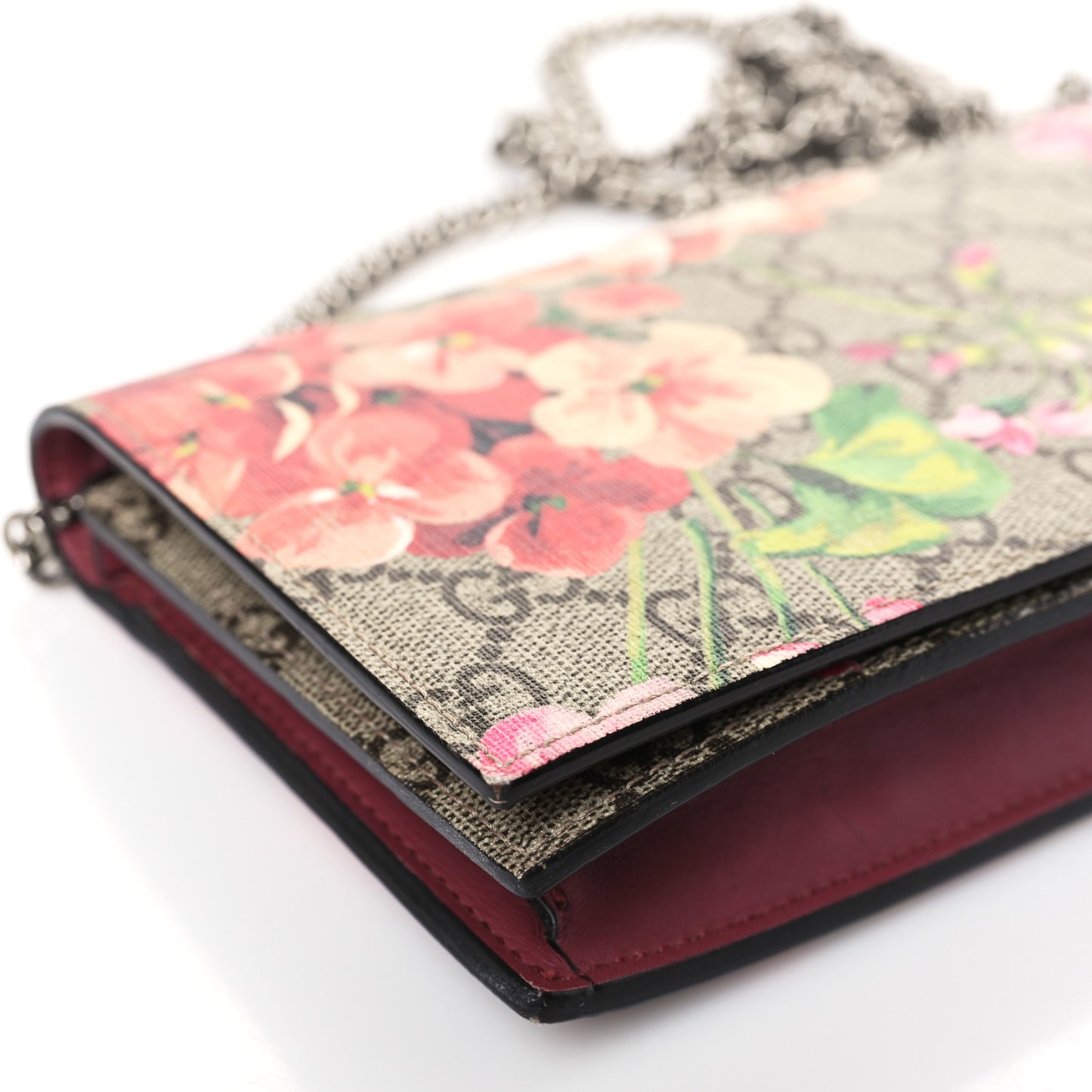 GG Supreme Monogram Blooms Chain Wallet Beige Multicolor Dry Rose