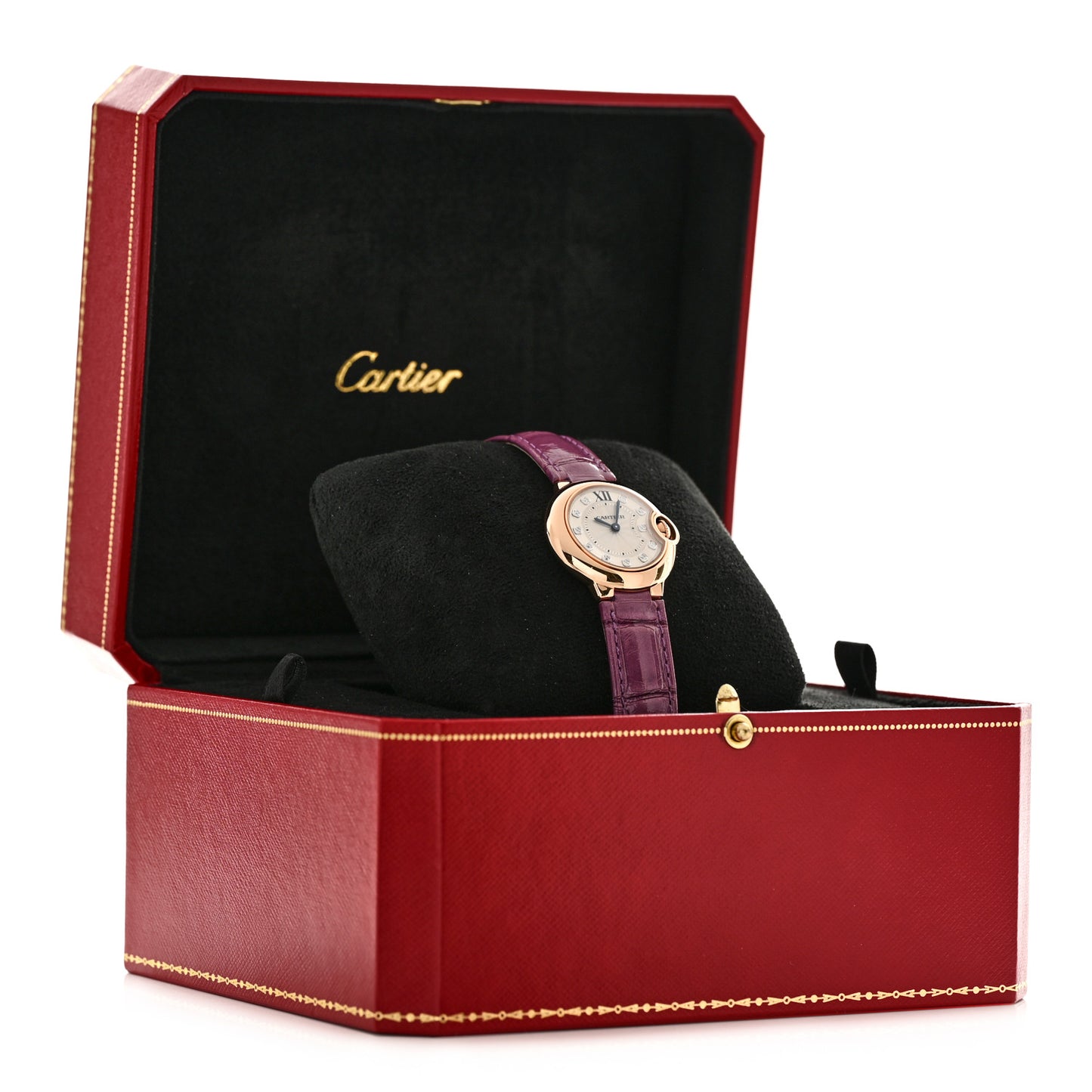 18K Pink Gold Alligator Diamond 33mm Ballon Bleu De Cartier Quartz Watch Violet