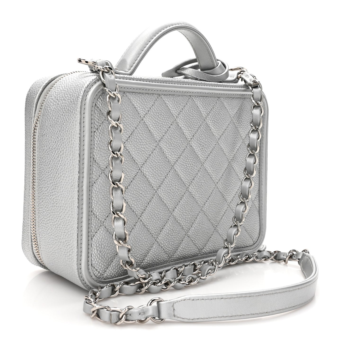 Metallic Caviar Quilted Medium CC Filigree Vanity Case Silver
