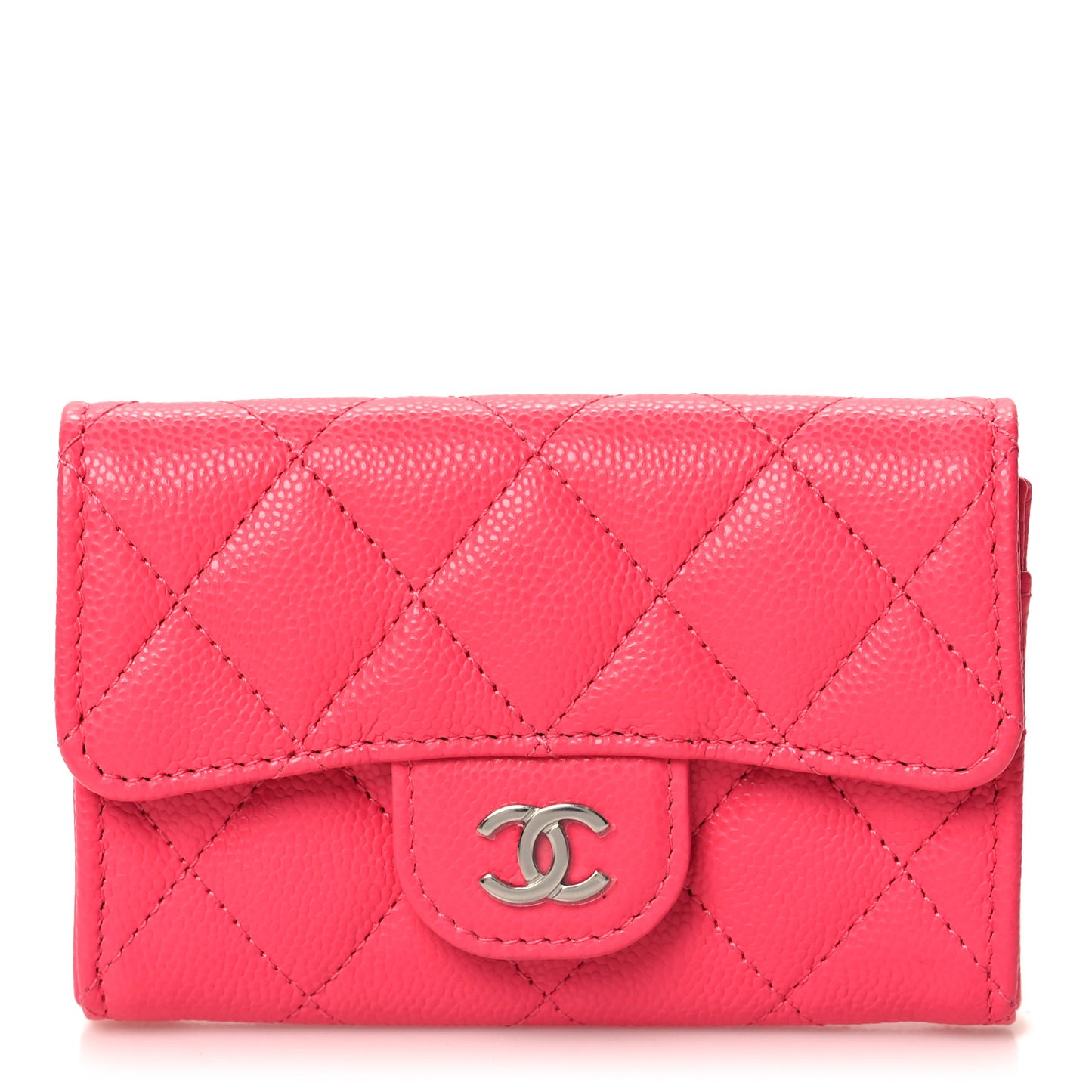 Caviar Quilted Flap Card Holder Wallet Fuchsia