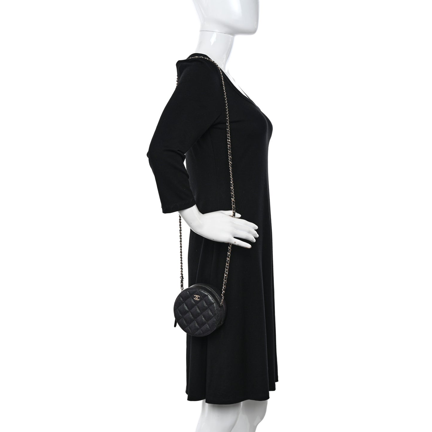 Iridescent Caviar Quilted Round Clutch With Chain Black