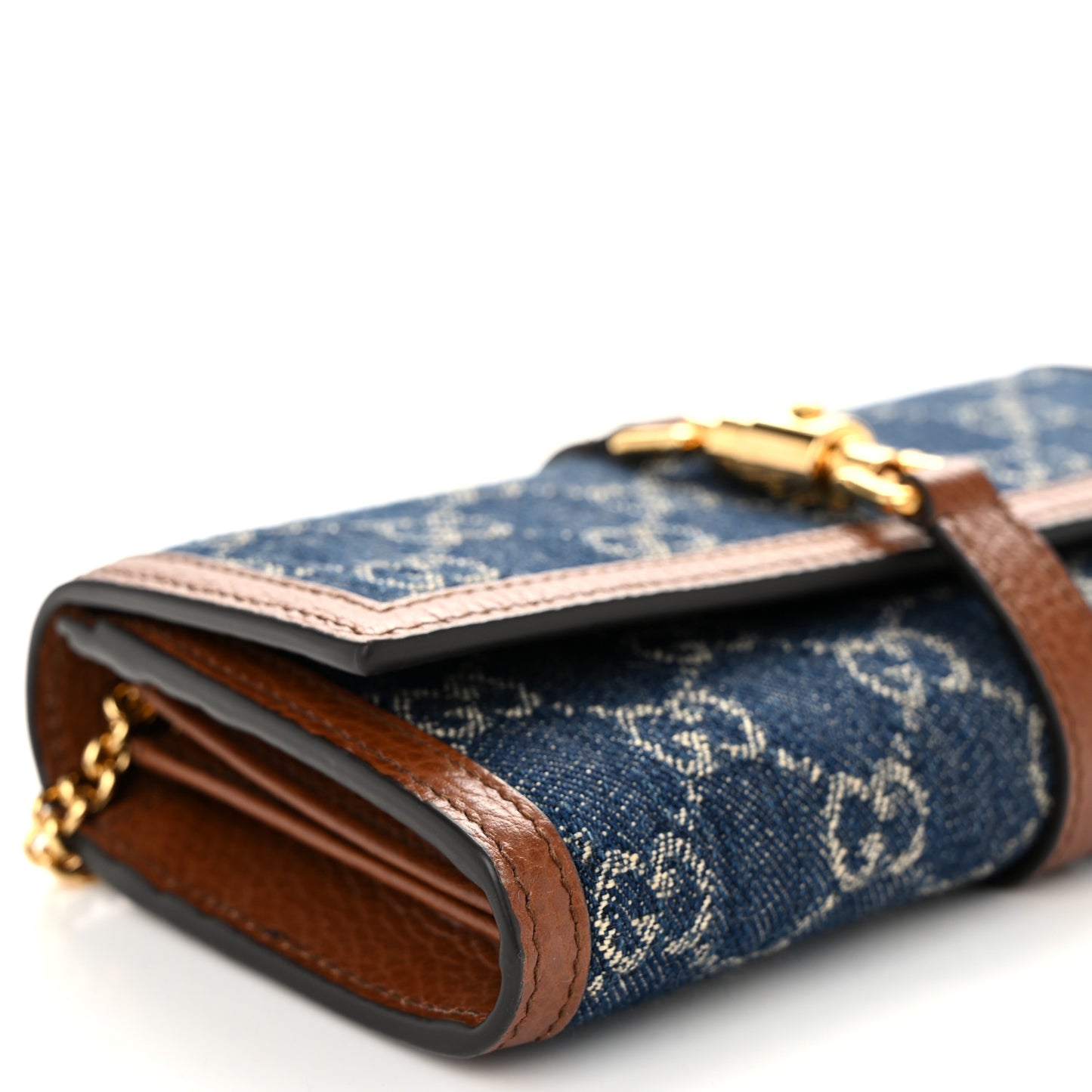 New Denim GG Monogram Jackie 1961 Chain Wallet Blue Tea Cuir