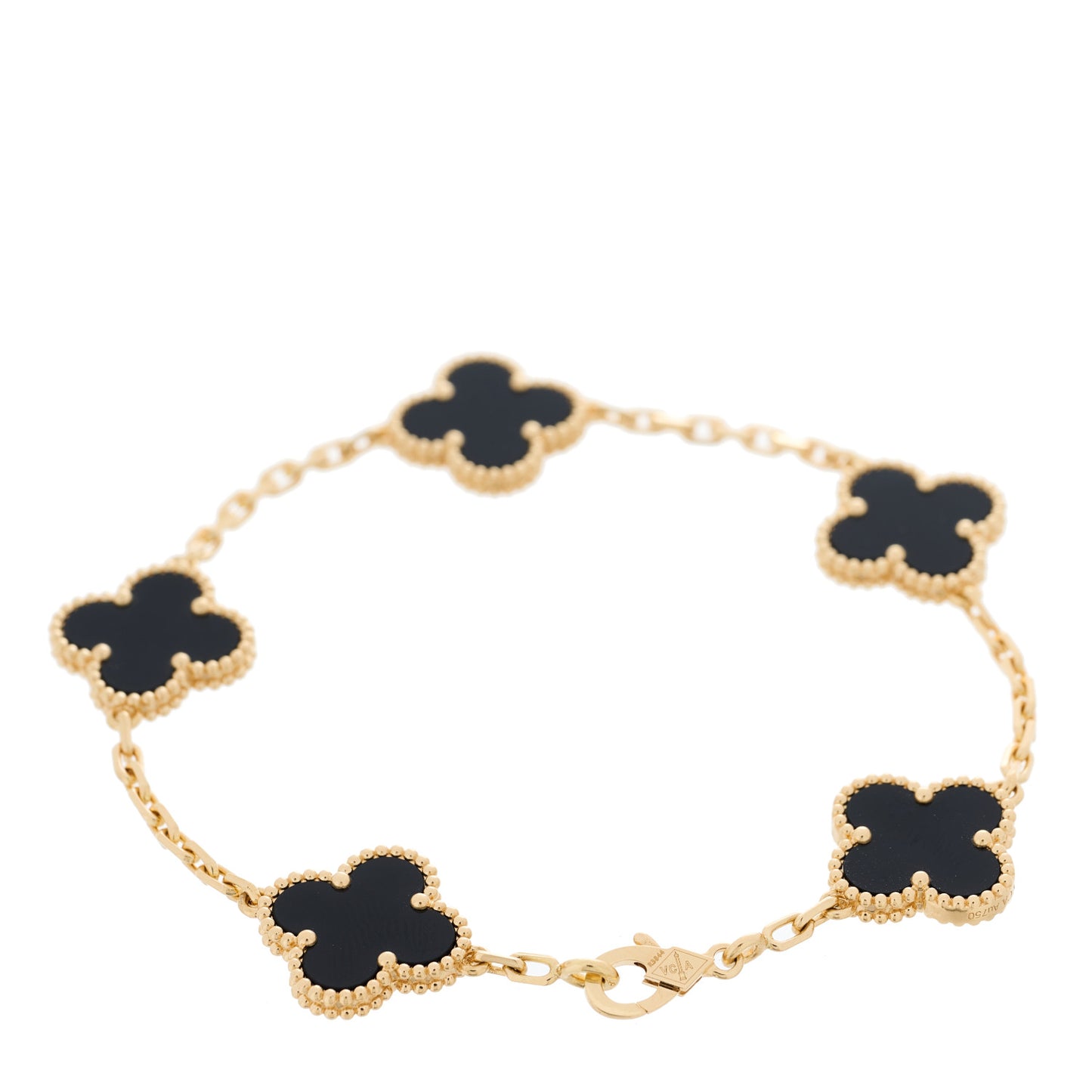 18K Yellow Gold Black Onyx 5 Motifs Vintage Alhambra Bracelet