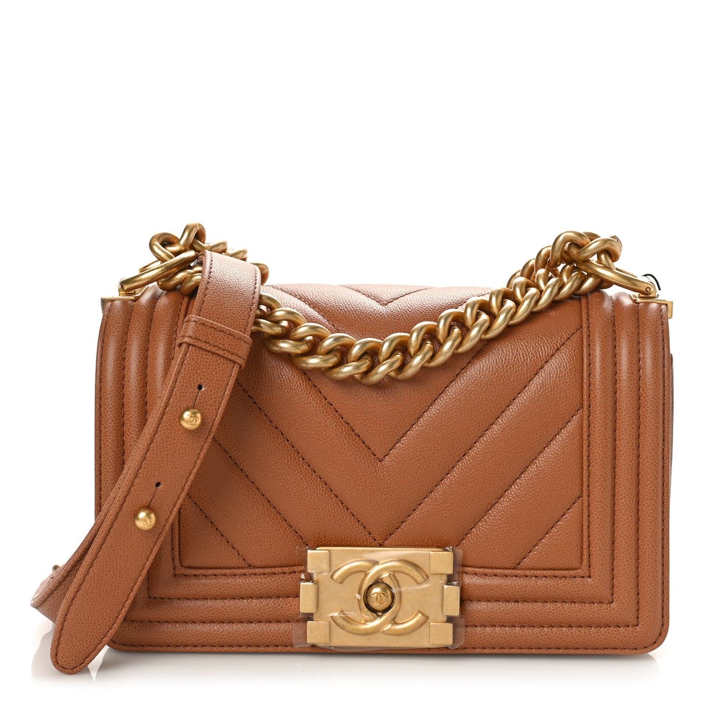 Caviar Chevron Quilted Small Boy Flap Brown