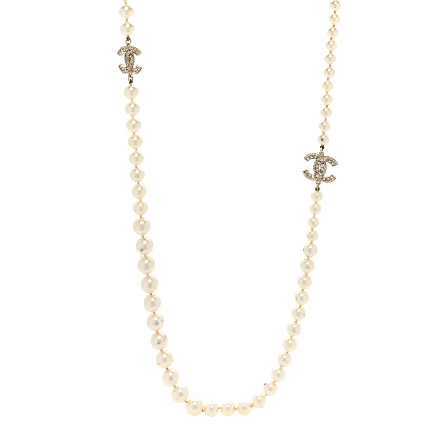 Pearl Baguette Crystal Long CC Necklace Gold