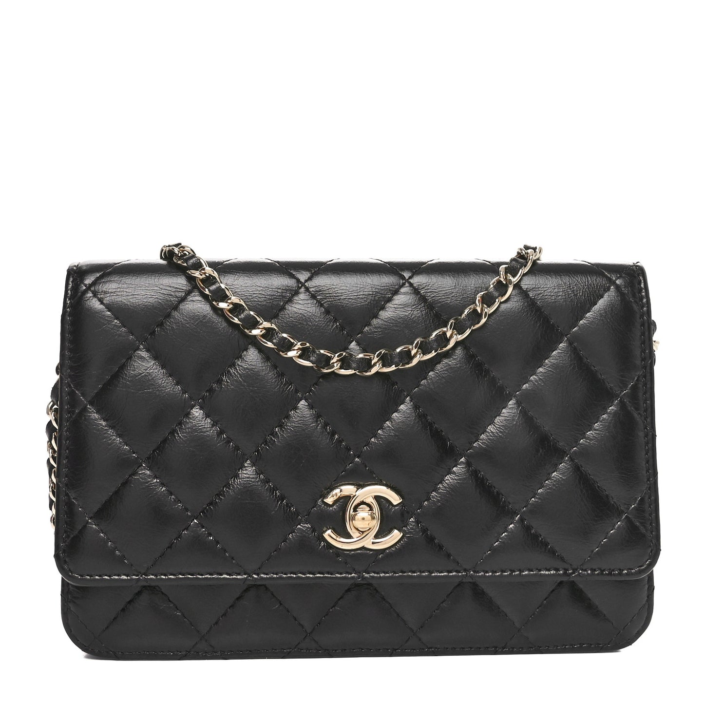 Shiny Aged Calfskin Enamel Logo Quilted Wallet On Chain WOC Black