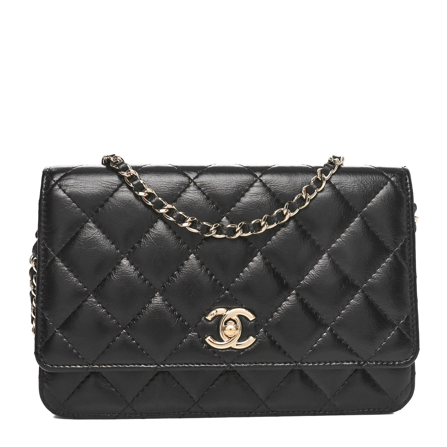 Chanel Shiny Aged Calfskin Enamel Logo Quilted Wallet On Chain WOC Black 1 of 10