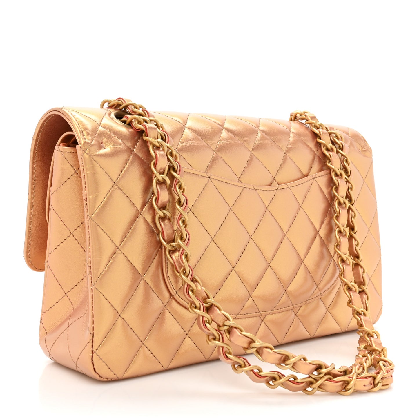 Metallic Lambskin Quilted Medium Double Flap Golden