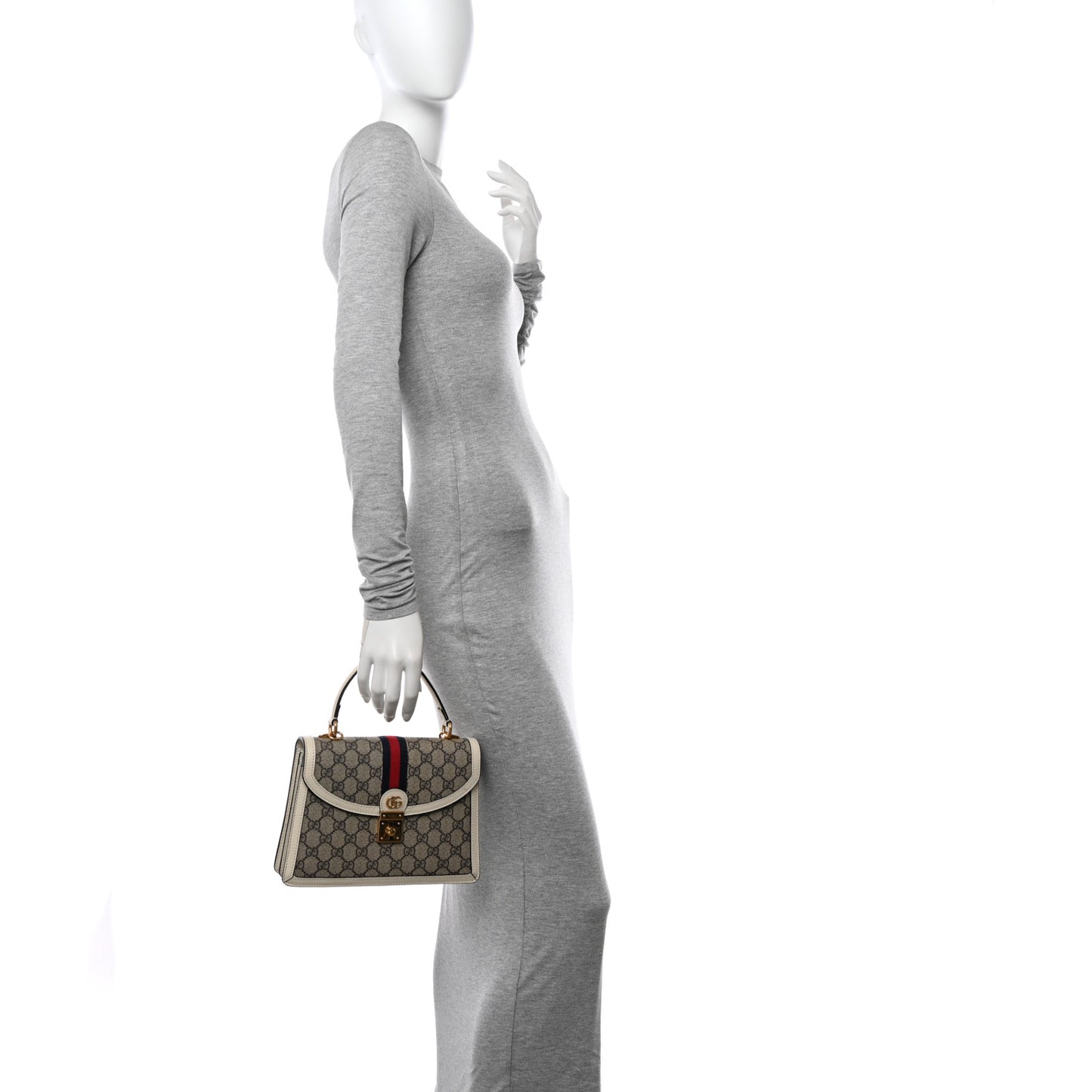 GG Supreme Monogram Textured Dollar Calfskin Web Small Ophidia Padlock Top Handle Bag Beige Ebony Mystic White