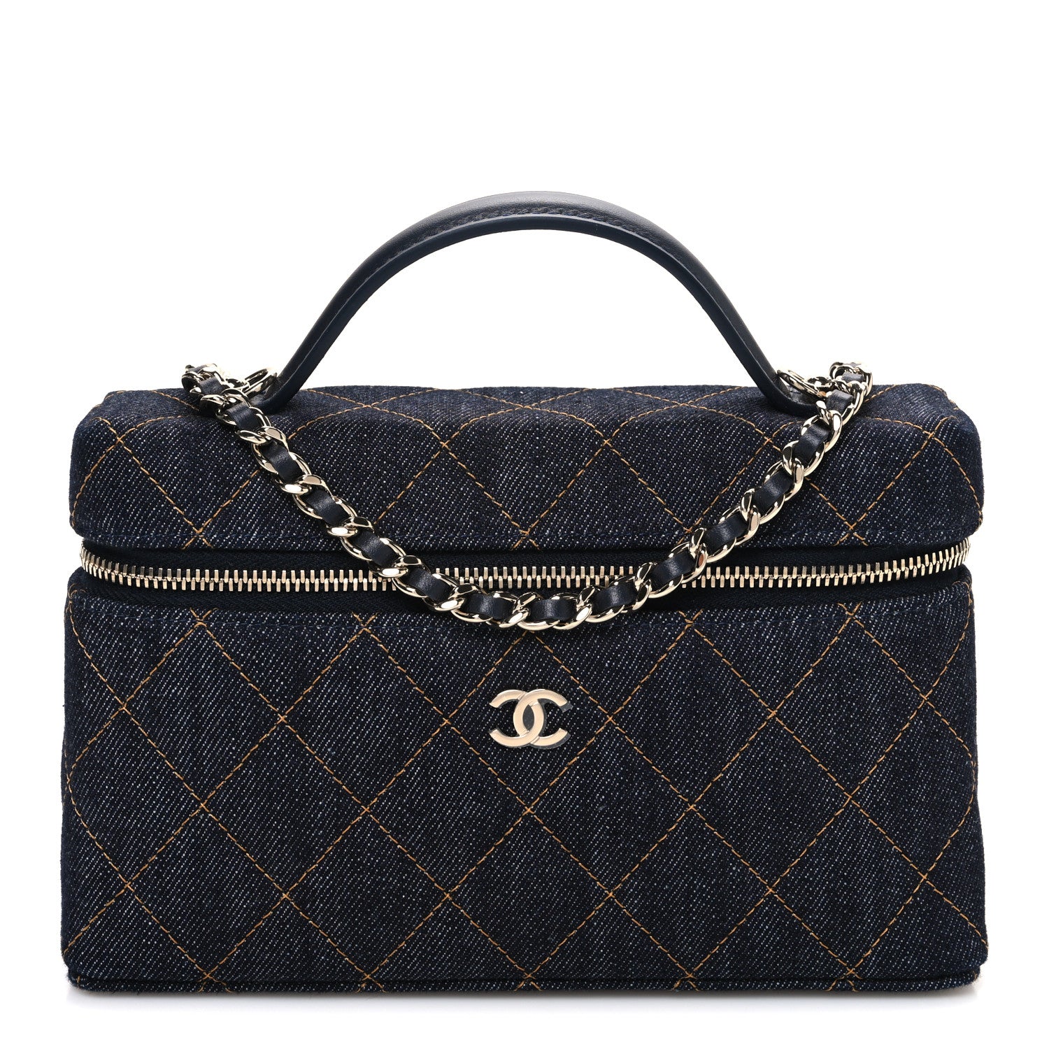 Chanel Denim Quilted Top Handle Slim Vanity Case With Chain 
