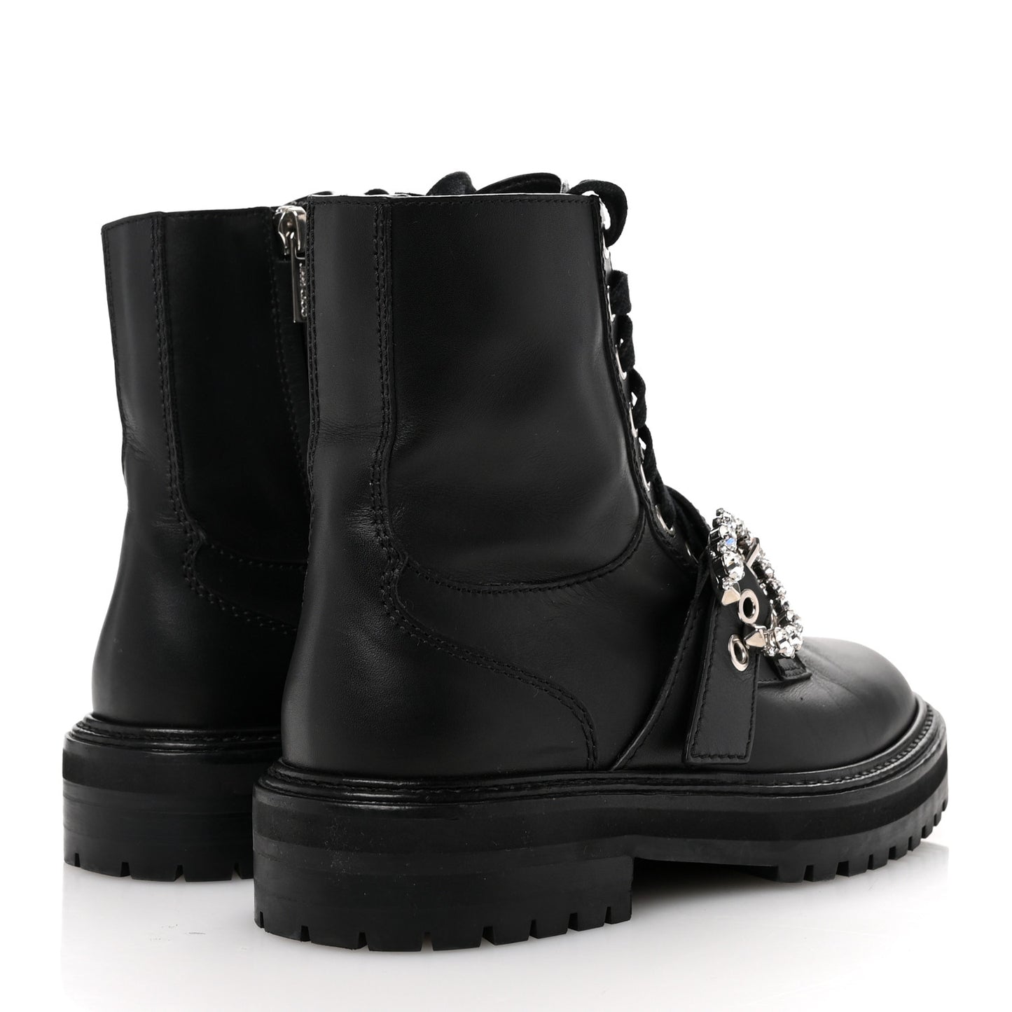 Calfskin Crystal Embellished Cora Flat Combat Boots 36 Black