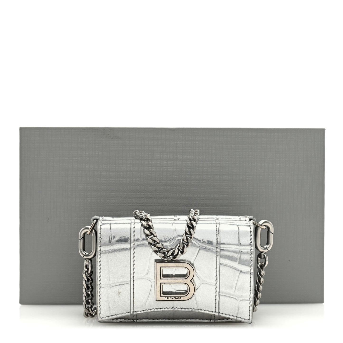 Metallic Calfskin Crocodile Embossed Mini Hourglass Wallet on Chain Silver