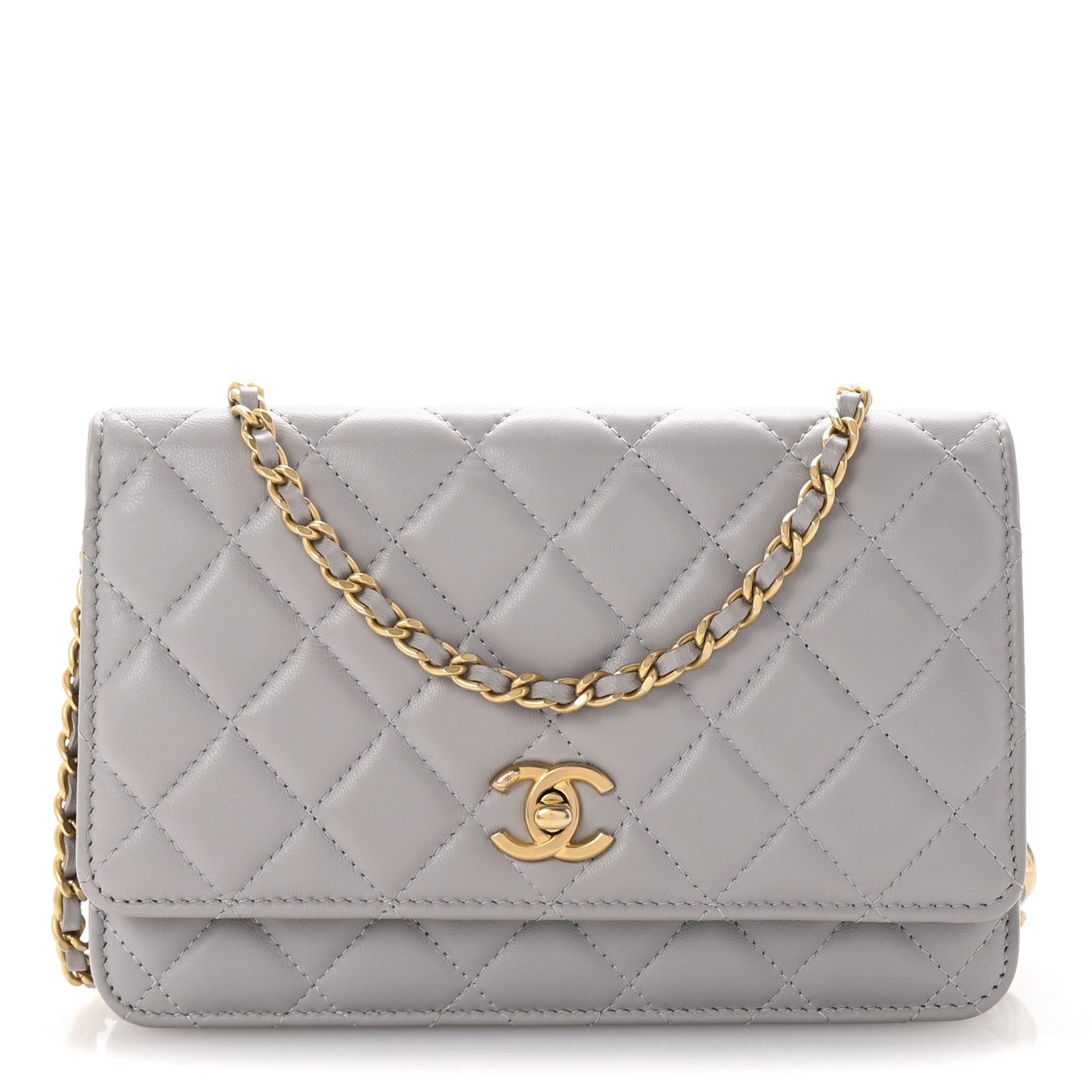 Lambskin Quilted CC Pearl Crush Wallet on Chain WOC Grey