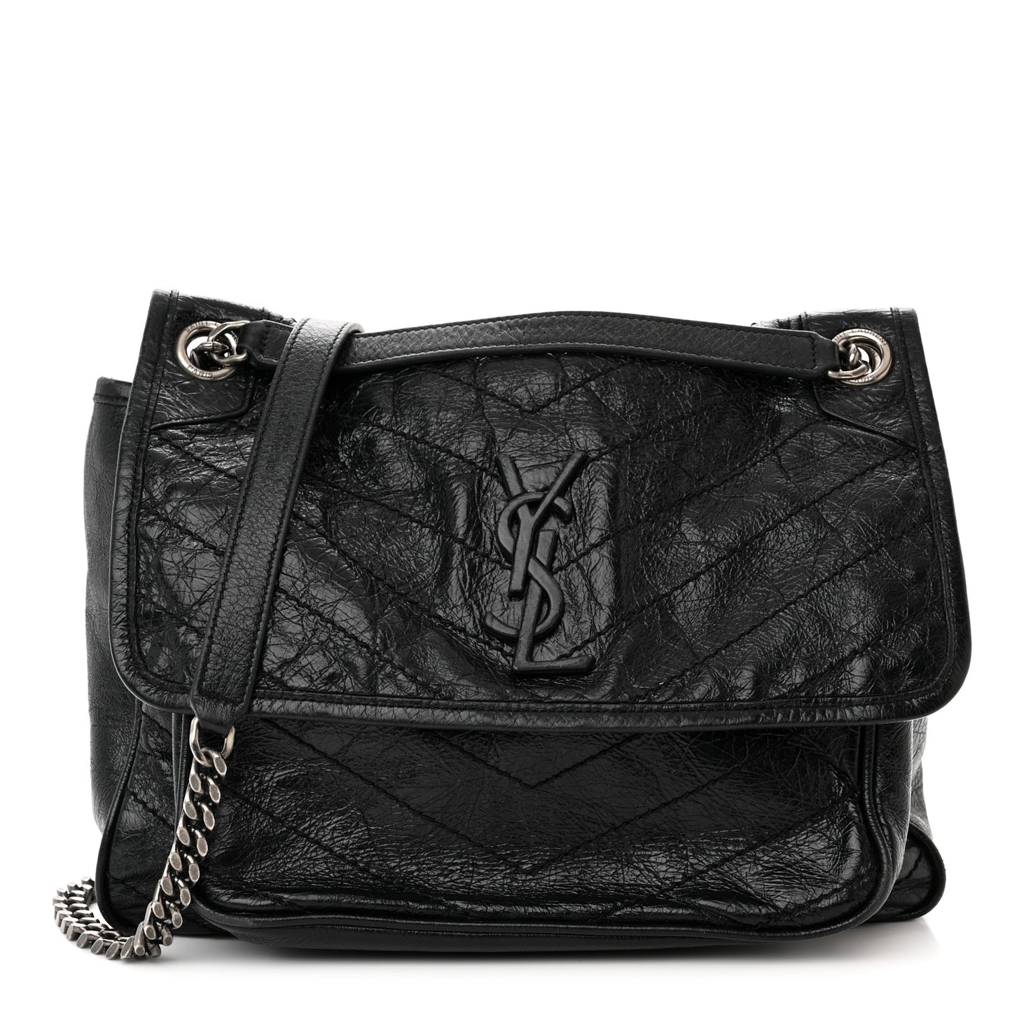Crinkled Calfskin Matelasse Monogram Medium Niki Chain Satchel Black