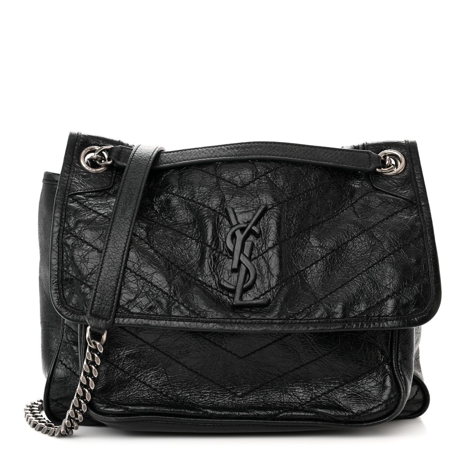 Saint Laurent Crinkled Calfskin Matelasse Monogram Medium Niki Chain Satchel Black 1 of 11