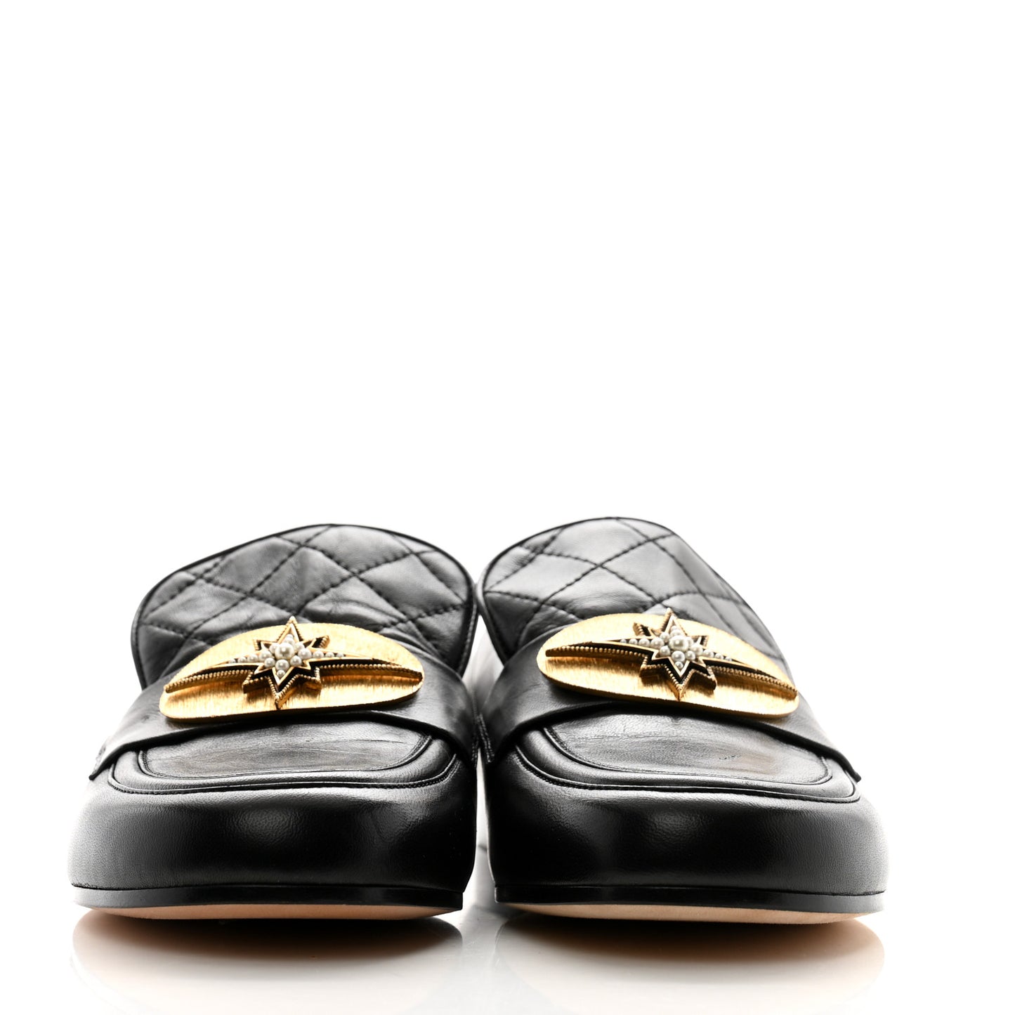 Lambskin Quilted Pearl Embellished Mocassin Loafers 35 Black