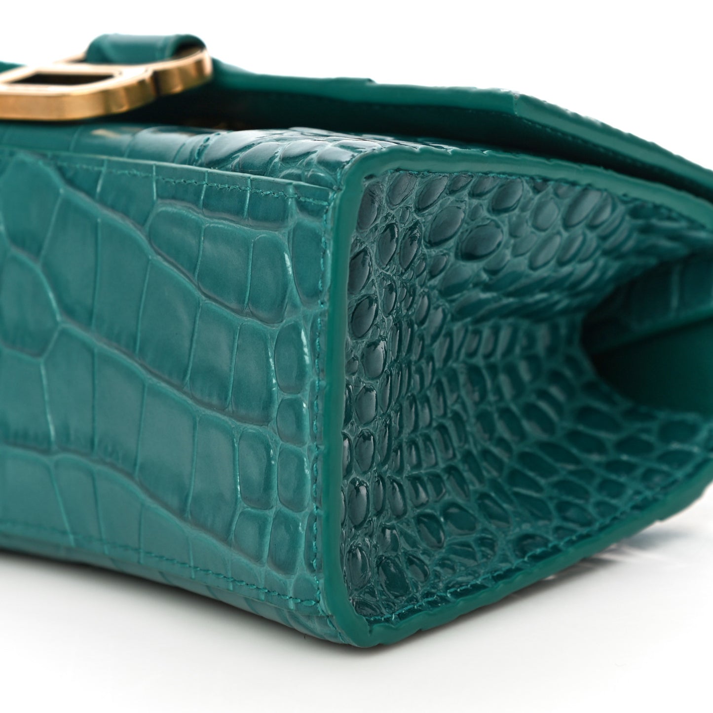 Shiny Calfskin Crocodile Embossed Hourglass Top Handle Bag XS Dark Turquoise