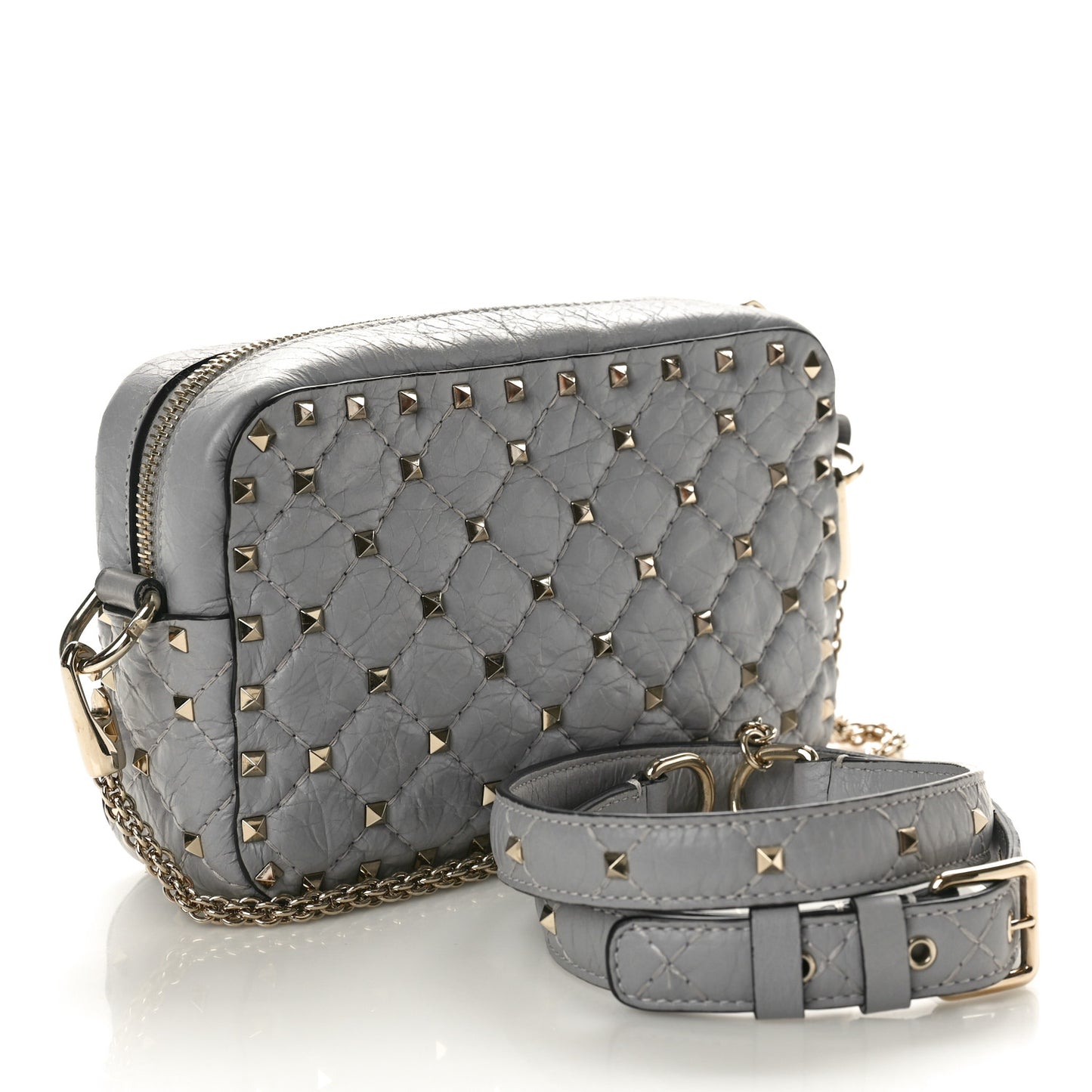 Craquele Nappa Rockstud Spike Camera Crossbody Bag Pastel Grey