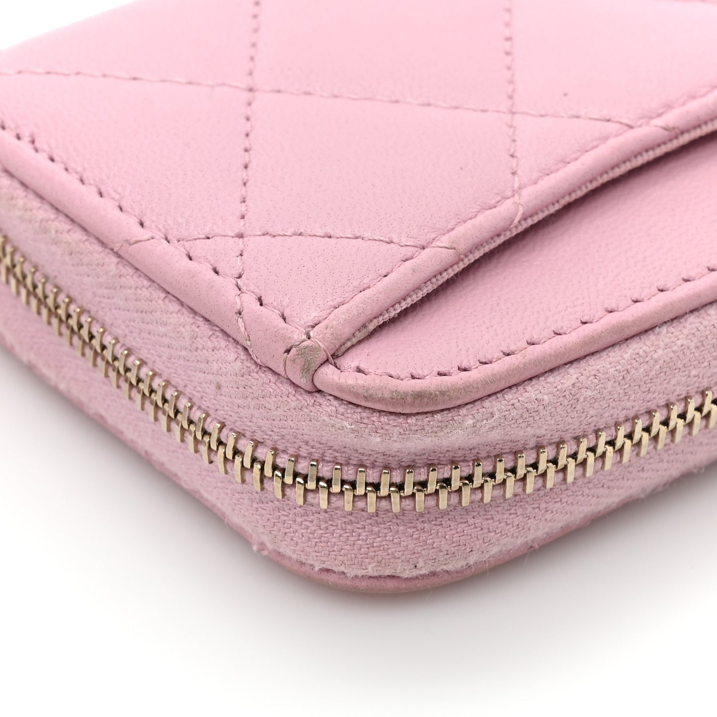 Iridescent Calfskin Quilted Zip Coin Purse Wallet Light Pink