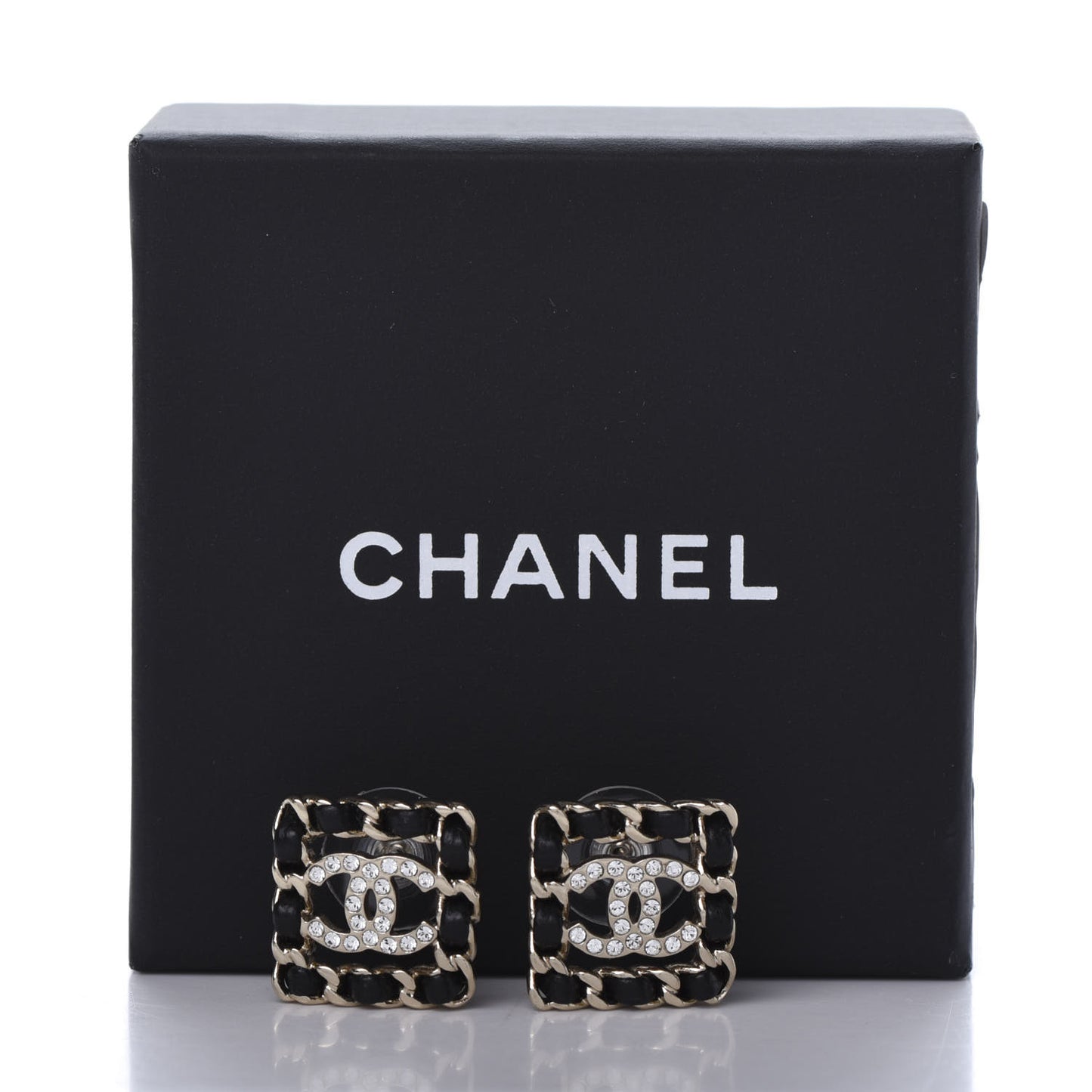 Crystal Lambskin Chain Sergeant Stud Earrings Black Gold