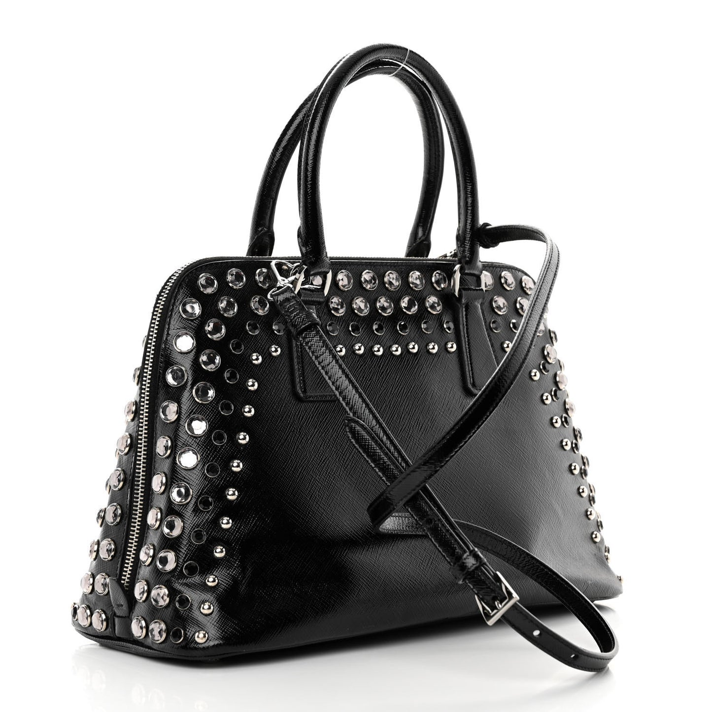 Saffiano Vernice Small Crystal Pyramid Bag Black