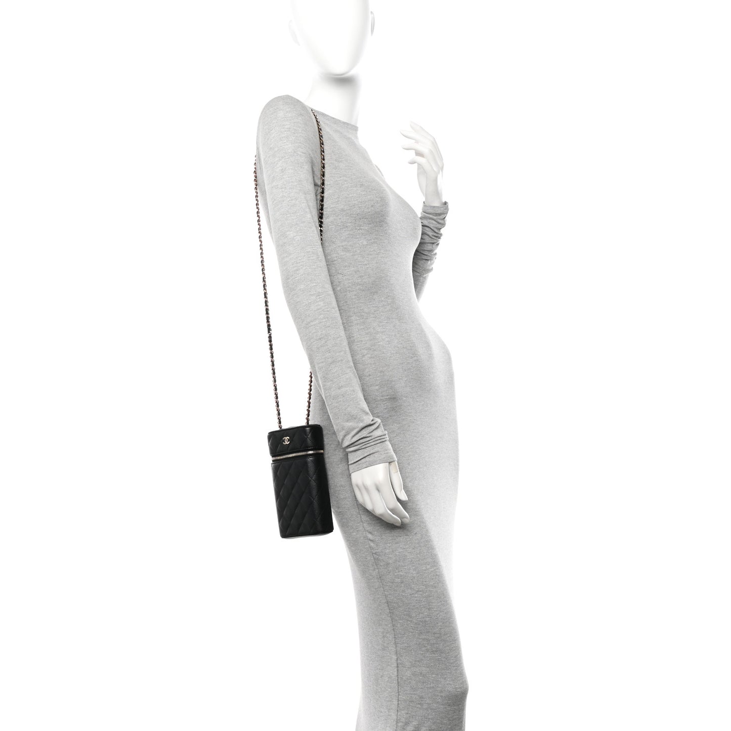 Caviar Quilted Phone Holder With Chain Black