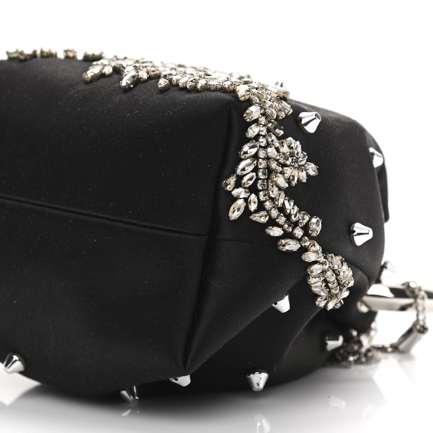 Satin Crystal Embellished Bon Bon Bucket Bag Black