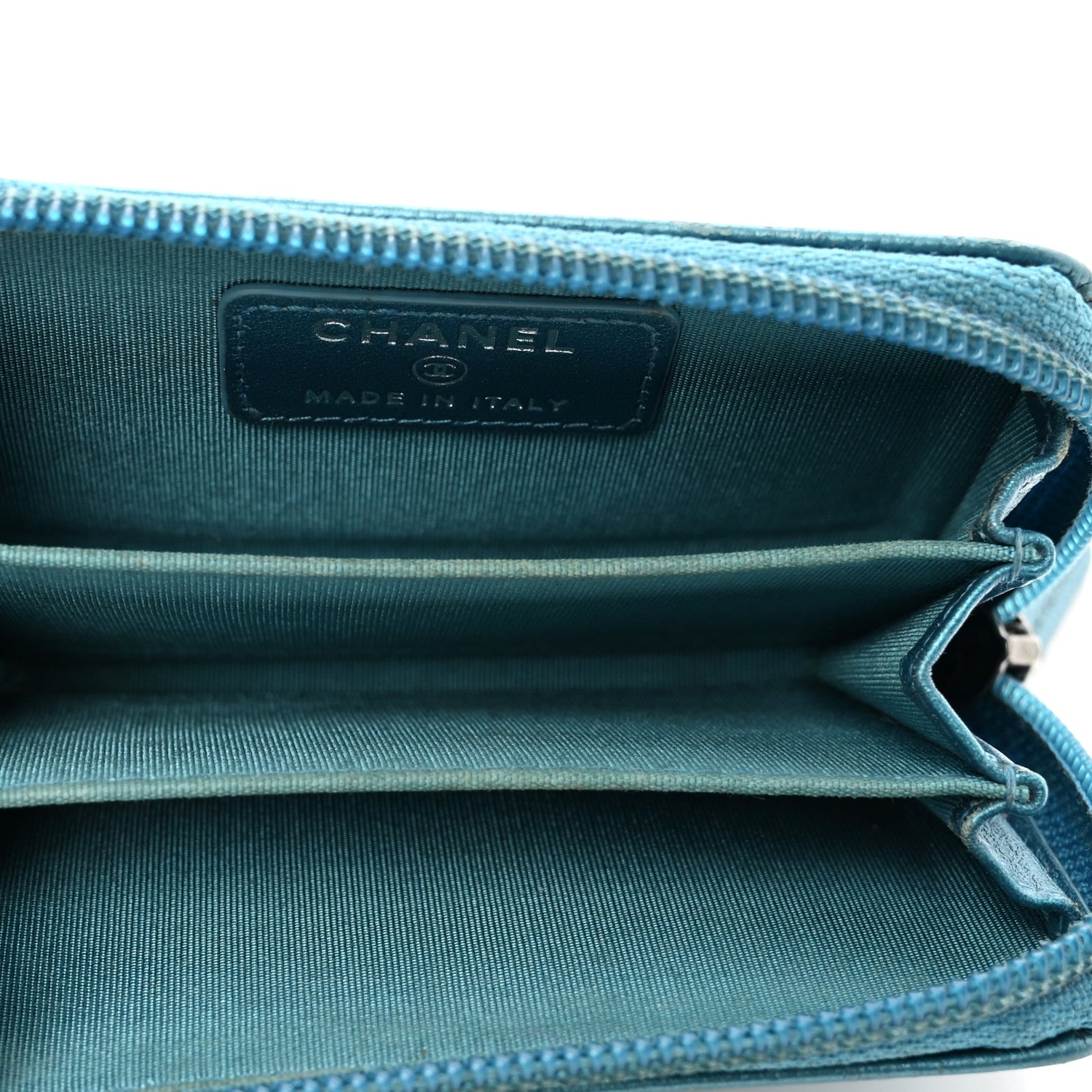 Chanel Metallic Caviar Quilted Boy Zip Around Coin Purse Wallet Turquoise 5 of 9