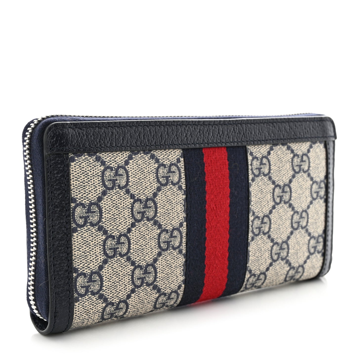 GG Supreme Monogram Textured Dollar Calfskin Web Ophidia Zip Around Wallet Beige Blue