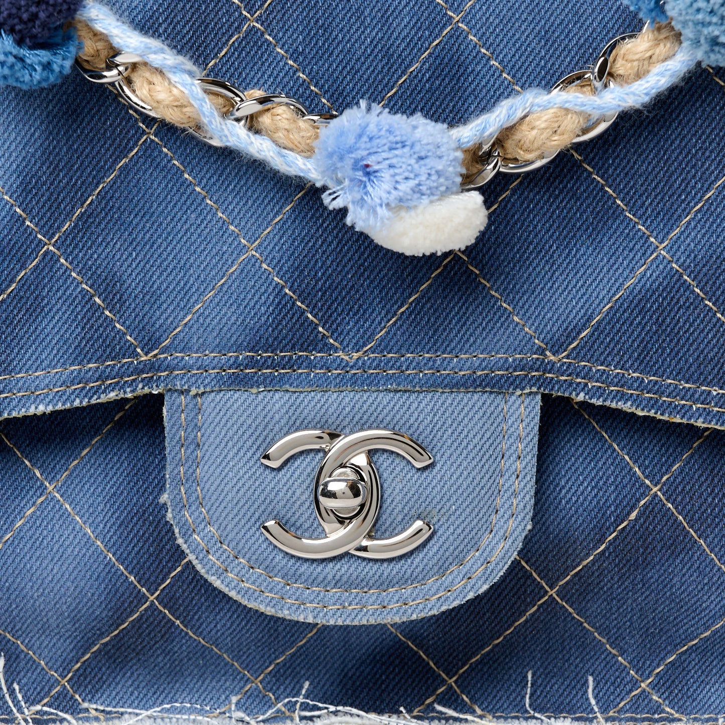Denim Quilted Jumbo Pompom Flap Dark Blue