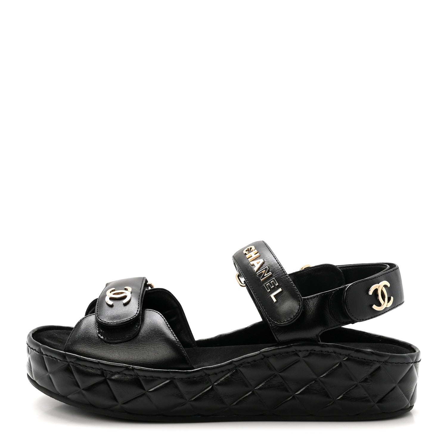 Chanel Shiny Calfskin Logo Platform Sandals 38 Black 1905793